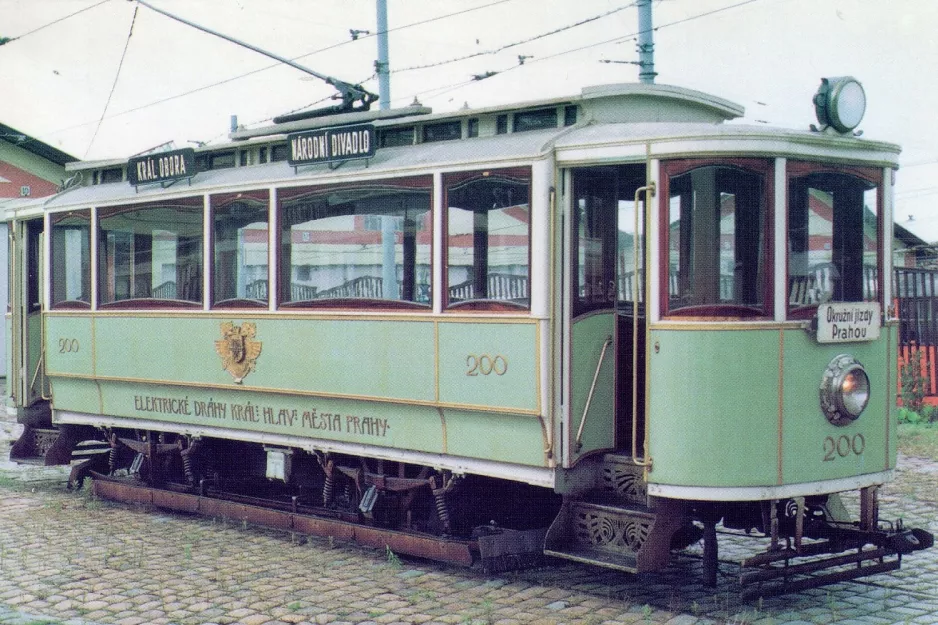 Postcard: Prague railcar 200 in front of Vozovna Střešovise (1990)