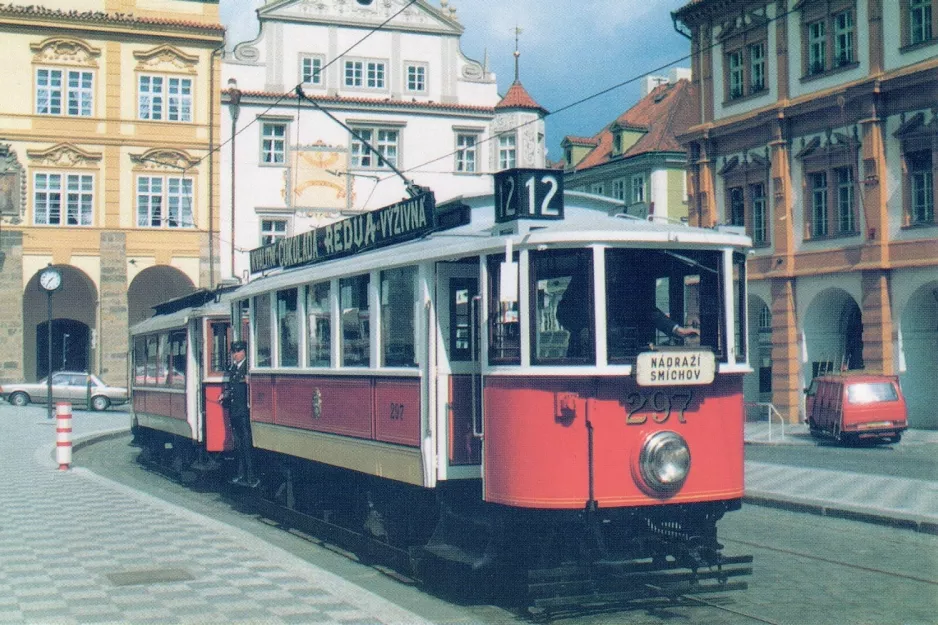 Postcard: Prague tram line 12 with railcar 297 on Malostranské náměstí (1970)