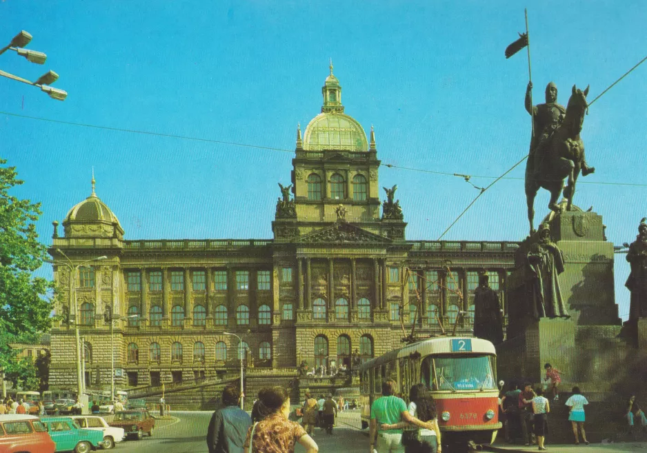 Postcard: Prague tram line 2 with railcar 6378 in front of Národni muzeum (1970)