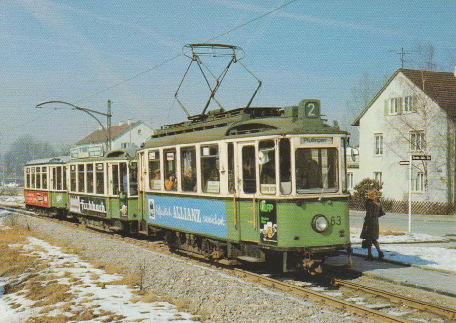 Postcard: Reutlingen tram line 2 with railcar 63 outside Südbahnhof (1974)