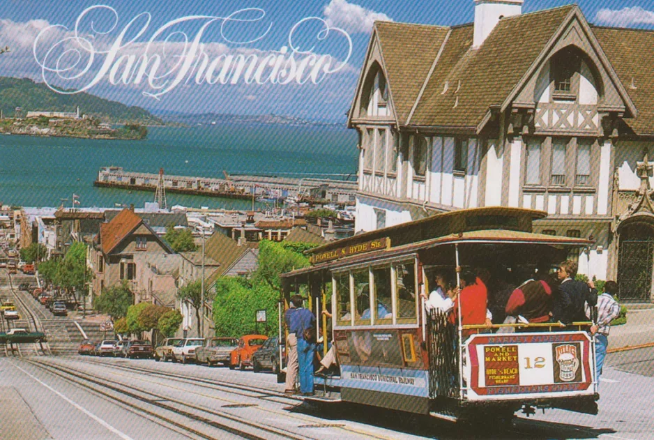 Postcard: San Francisco cable car Powell-Hyde with cable car 12 at Hyde & Chestnut (1988)