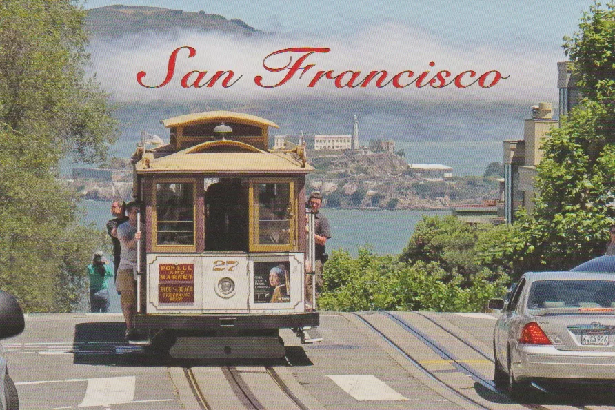 Postcard: San Francisco cable car Powell-Hyde with cable car 27 near Russian Hill (2016)