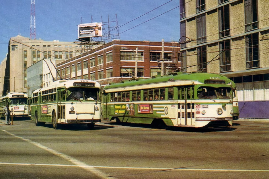 Postcard: San Francisco E-Embarcadero Steetcar with railcar 1008 near Market & Sanchez (1969)