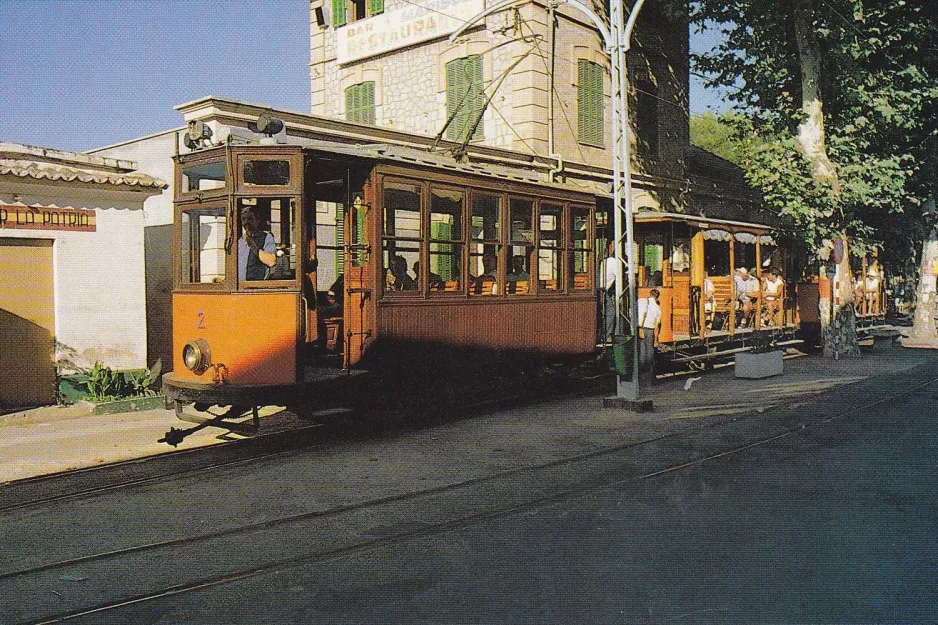 Postcard: Sóller tram line with railcar 2 at Port de Sóller (1970)