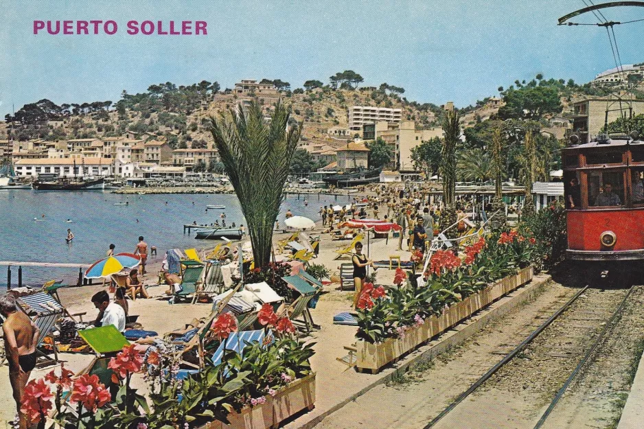 Postcard: Sóller tram line with railcar 2 in Puerto Soller (1965)