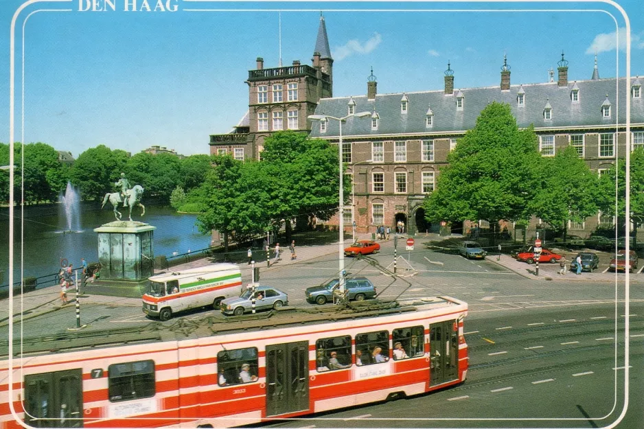 Postcard: The Hague tram line 7 with articulated tram 3033 on Buitenhof (1986)
