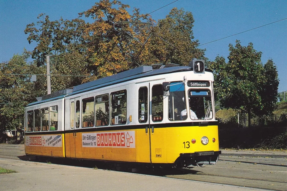 Postcard: Ulm tram line 1 with articulated tram 13 at Donauhalle  (Donaustadion) (1988)