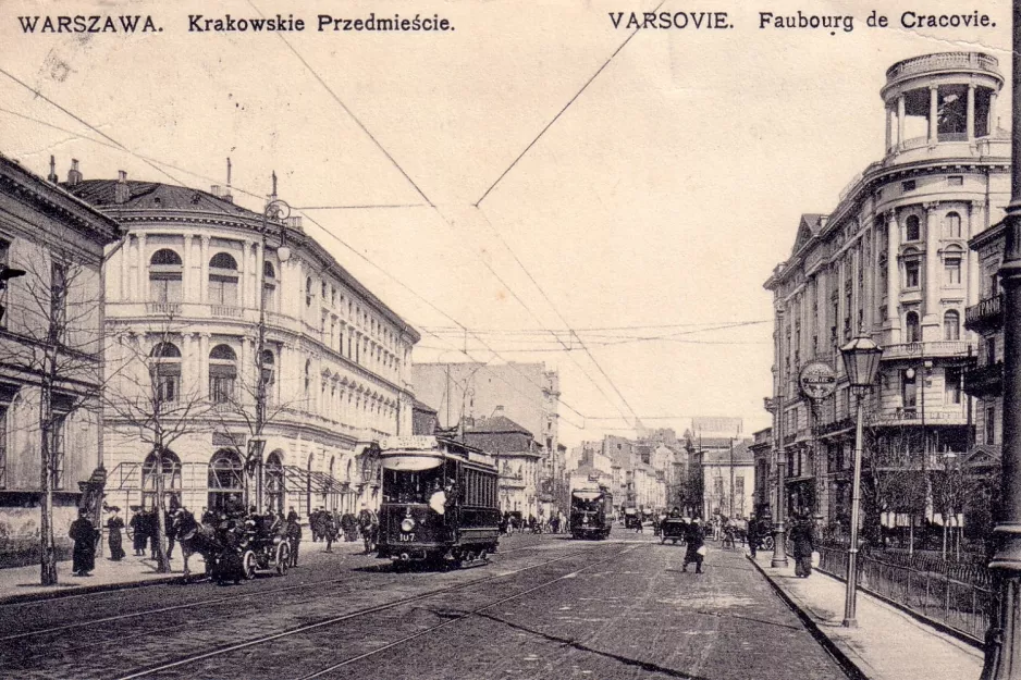 Postcard: Warsaw tram line 9 with railcar 107 on Krakowskie Przedmieście/Faubourg de Cracovie (1908)