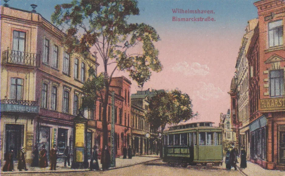 Postcard: Wilhelmshaven tram line 3  near Bismarck- / Ecke Jachmannstr. (1913)