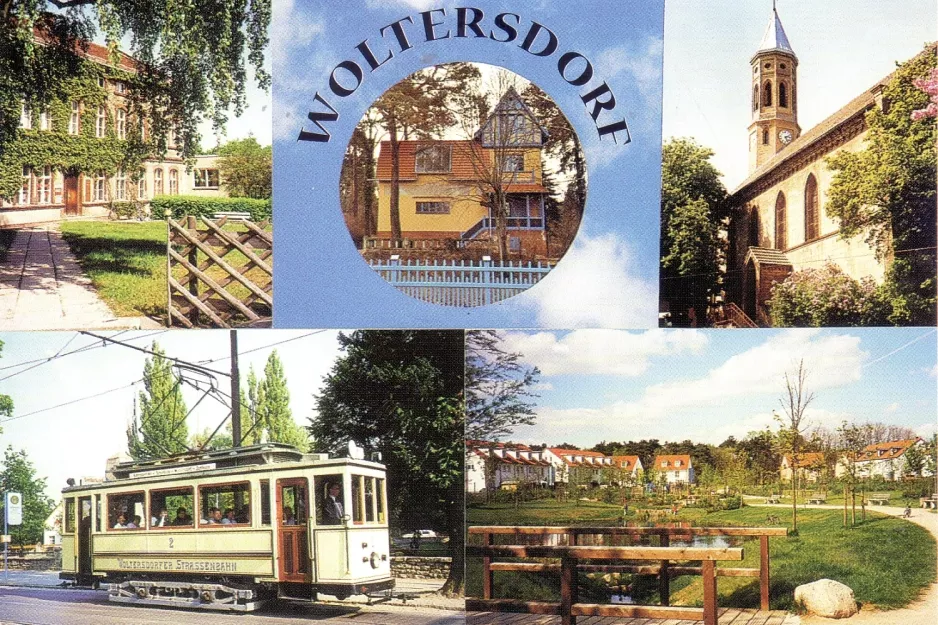 Postcard: Woltersdorf museum line Tramtouren with museum tram 2 at Thälmannplatz (1990)