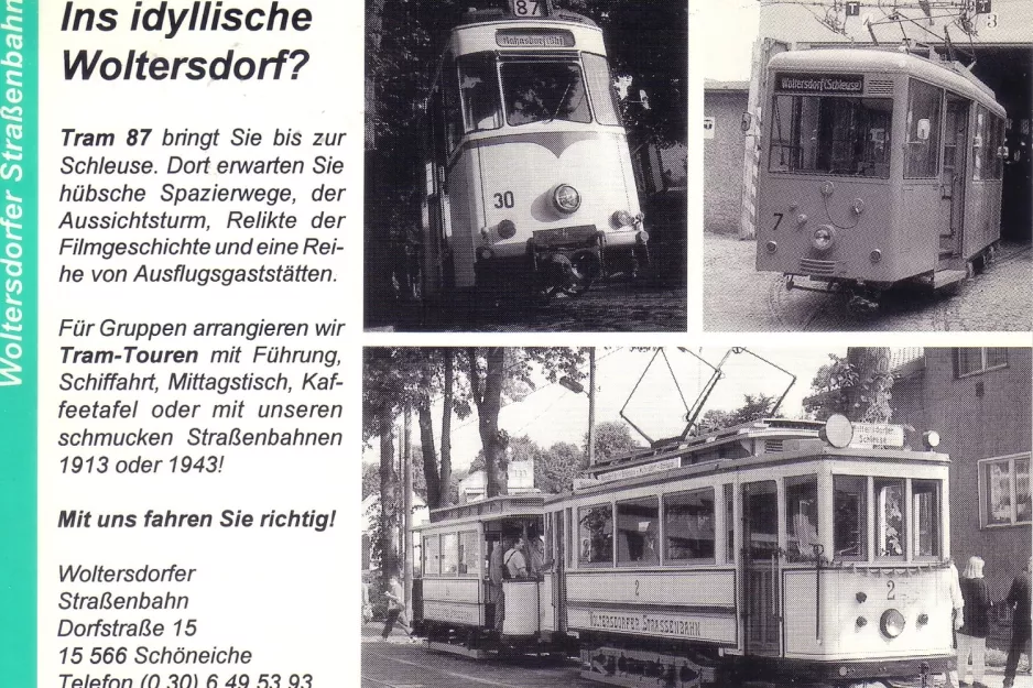 Postcard: Woltersdorf tram line 87 with railcar 30 in Woltersdorf (1988)
