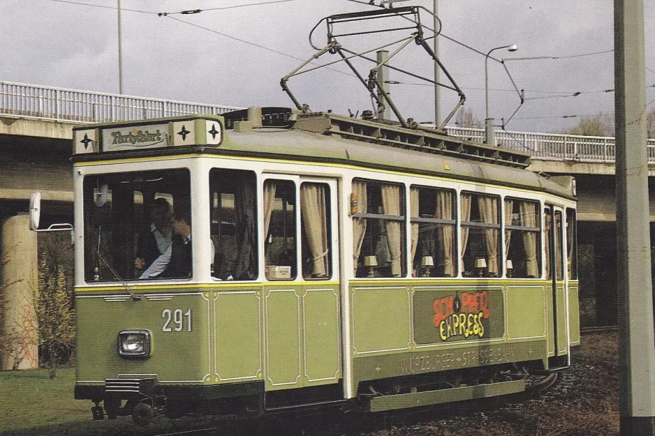 Postcard: Würzburg railcar 291 on Kranenkai (1987)