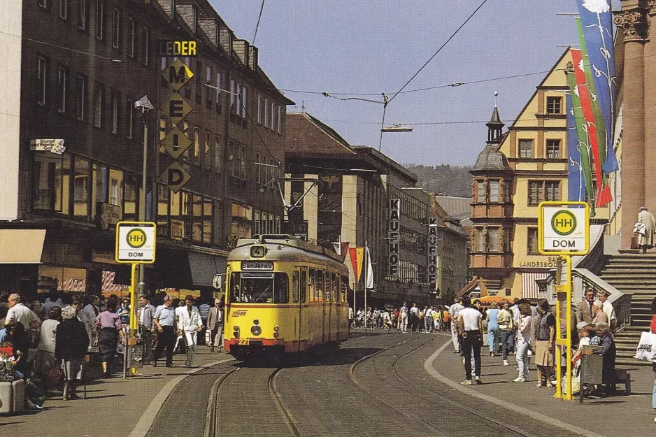 Postcard: Würzburg tram line 4 with articulated tram 271 at Dom (1986)