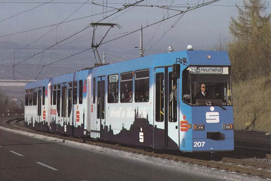 Postcard: Würzburg tram line 5 with articulated tram 207 at Berner Str. (1989)