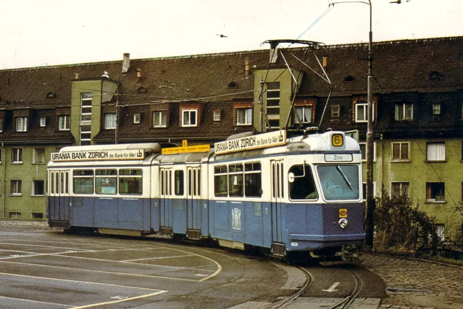 Postcard: Zürich articulated tram 1801 at Depot Irchel (1975)