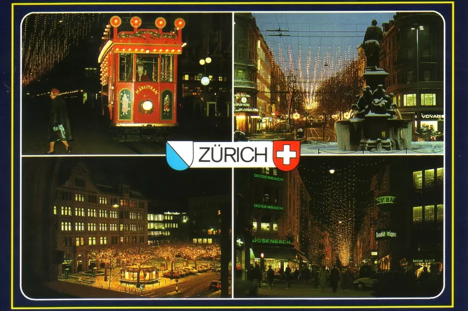 Postcard: Zürich tourist line Märlitram with museum tram 1208 on Bahnhofstrasse (1995)