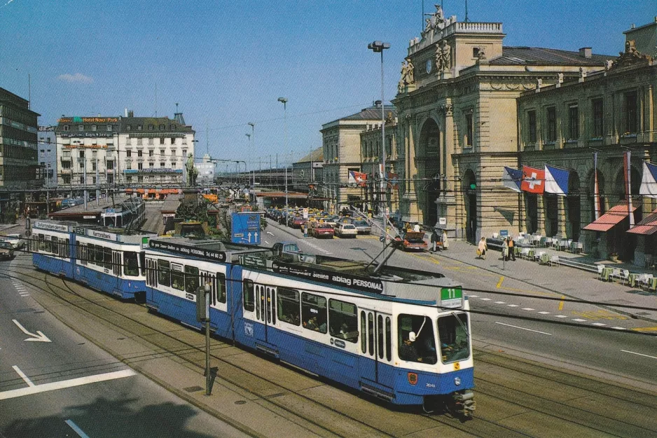 Postcard: Zürich tram line 11 with articulated tram 2043 on Bahnhofplatz (2000)