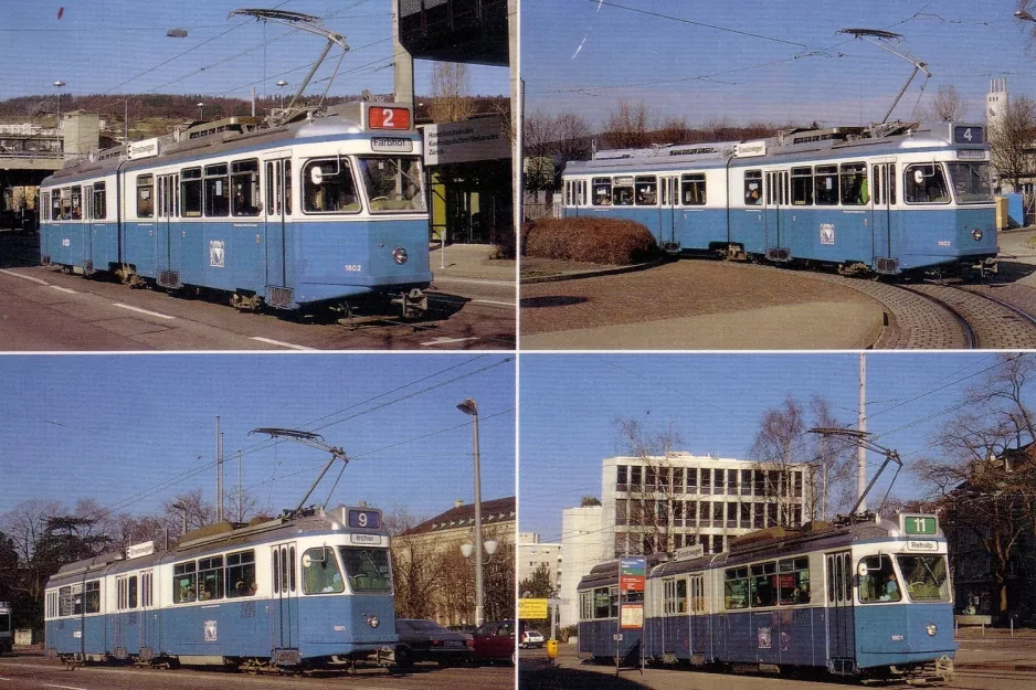 Postcard: Zürich tram line 2 with articulated tram 1802 in Zürich (1990)