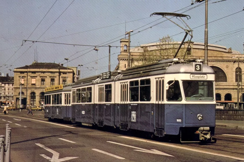 Postcard: Zürich tram line 3 with articulated tram 1663 on Bahnhofbrücke (1981)