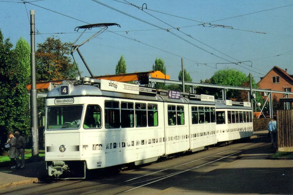 Postcard: Zürich tram line 4 with articulated tram 1601 at Hardturm (1990)