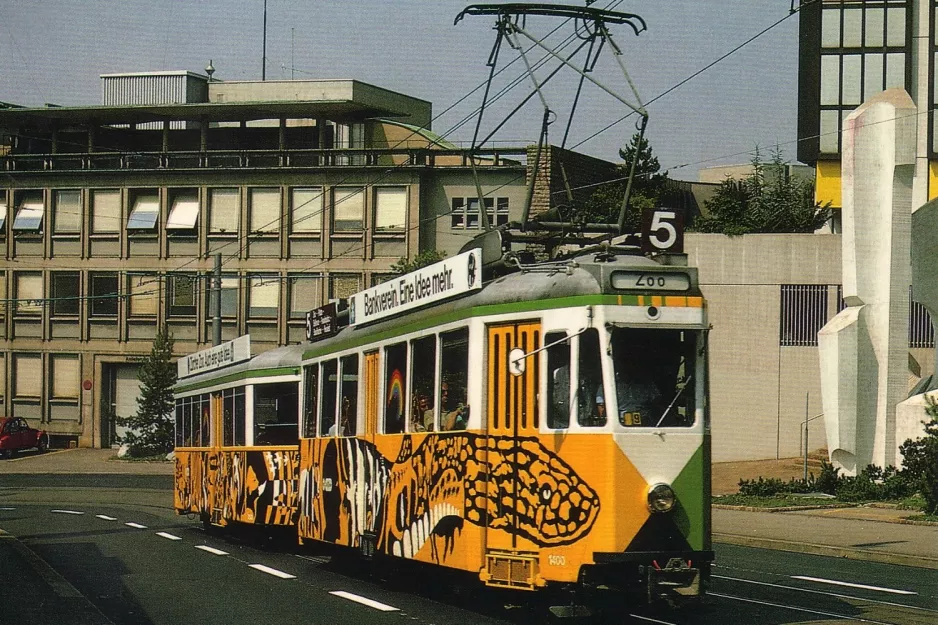 Postcard: Zürich tram line 5 with railcar 1400 on Gloriastrasse (1985)