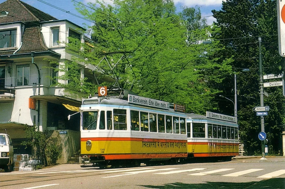 Postcard: Zürich tram line 6 with railcar 1389 on Toblerplatz (1987)