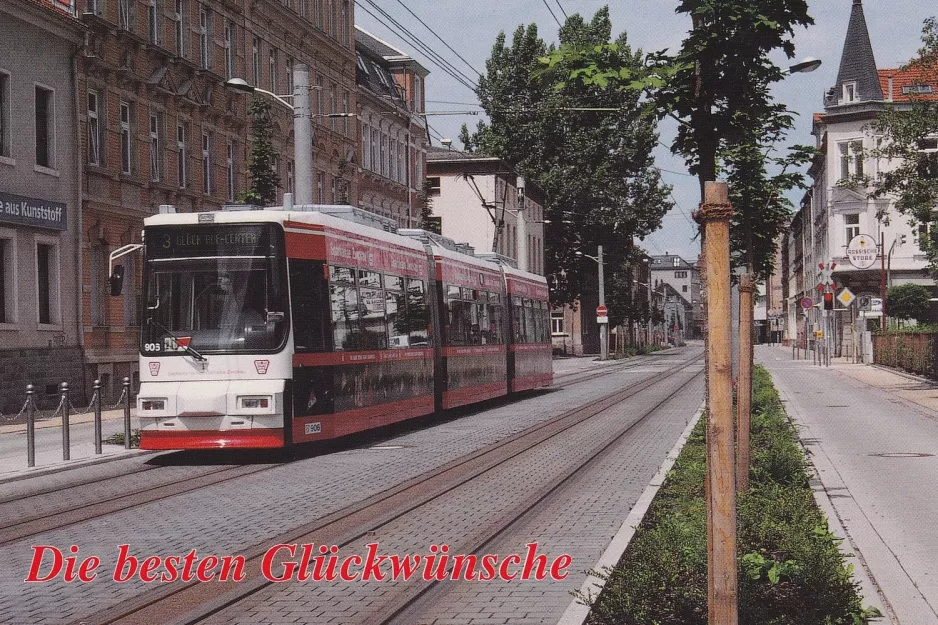 Postcard: Zwickau tram line 3 with low-floor articulated tram 906 near Saarstr. (2000)