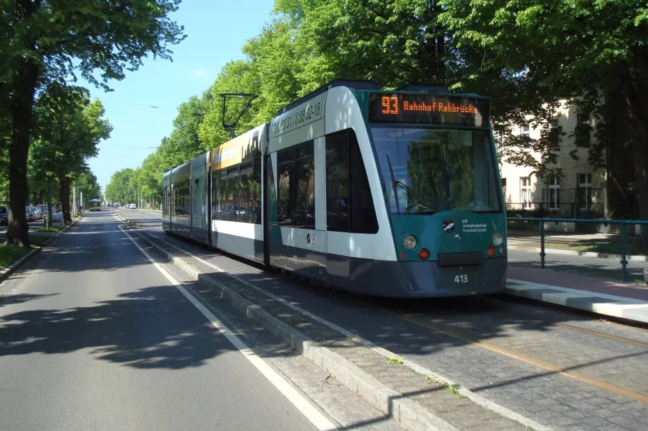 Potsdam tram line 93 with low-floor articulated tram 413 "Lichterfelde" at Glienicker Brücke (2013)
