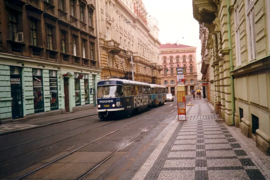 Prague tram line 5 with railcar 7262 on Dláźděná (2001)