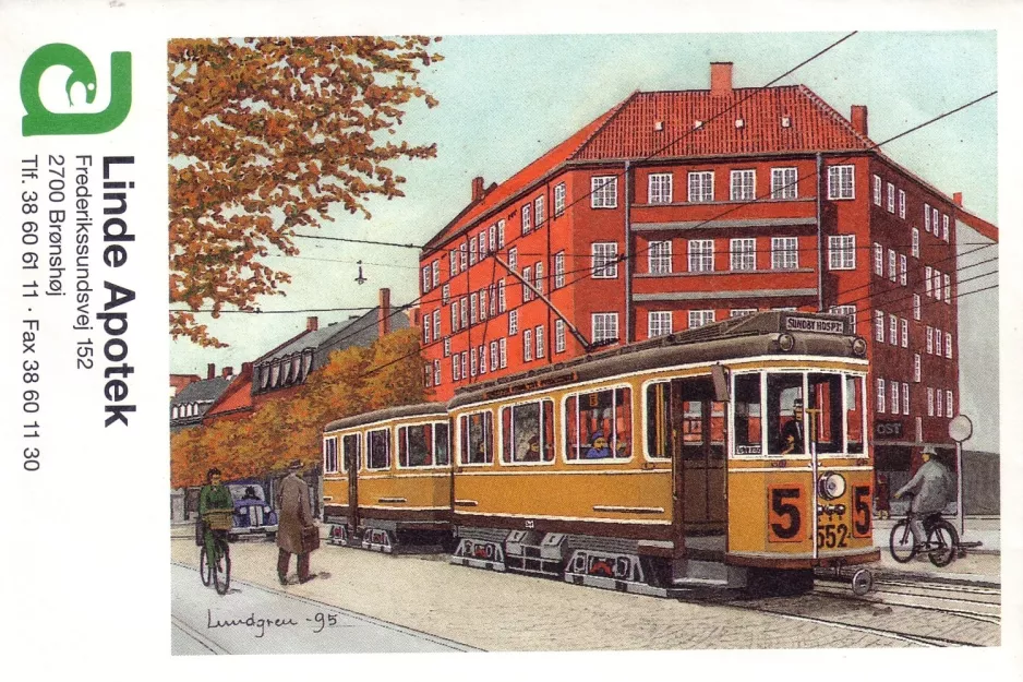 Prescription envelope: Copenhagen tram line 5 with railcar 552 at Brønshøj (1995)