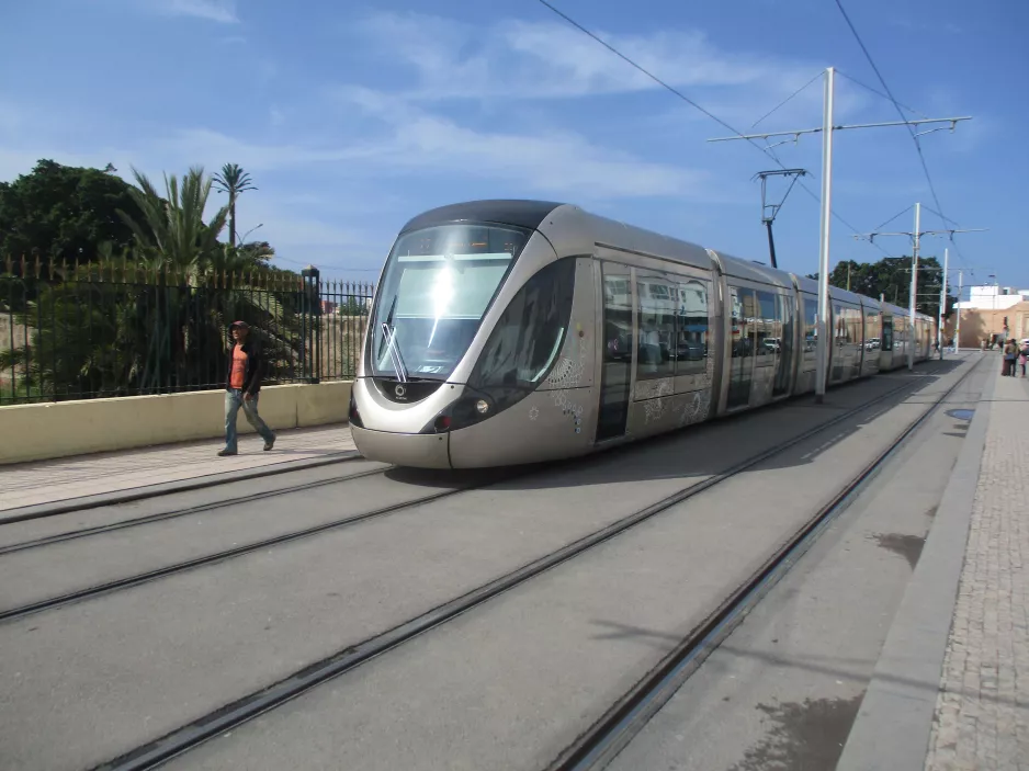 Rabat tram line L2 with low-floor articulated tram 02 on Avenue Chellah (2018)