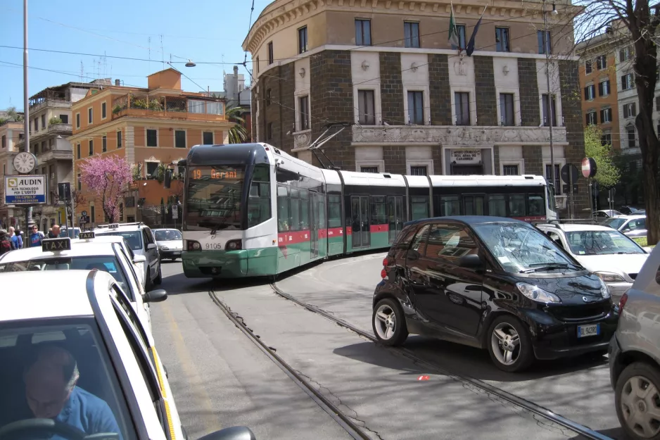 Rome tram line 19 with low-floor articulated tram 9105 at Risorgimento S.Pietro (2010)