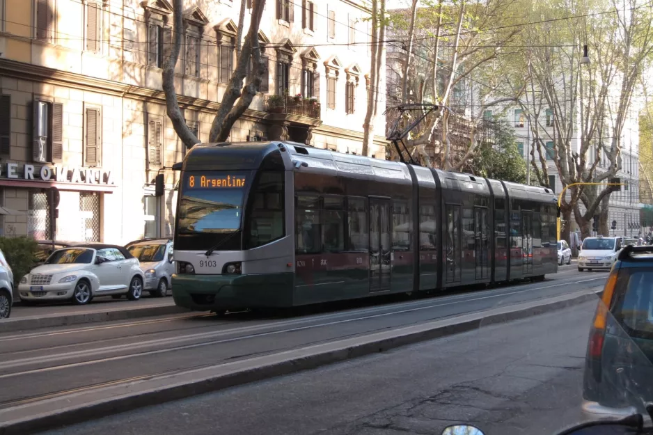 Rome tram line 8 with low-floor articulated tram 9103 near Trastevere / Min Istruzione (2010)