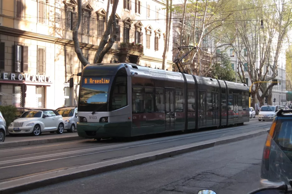 Rome tram line 8 with low-floor articulated tram 9103 on Viale Trastevere (2010)