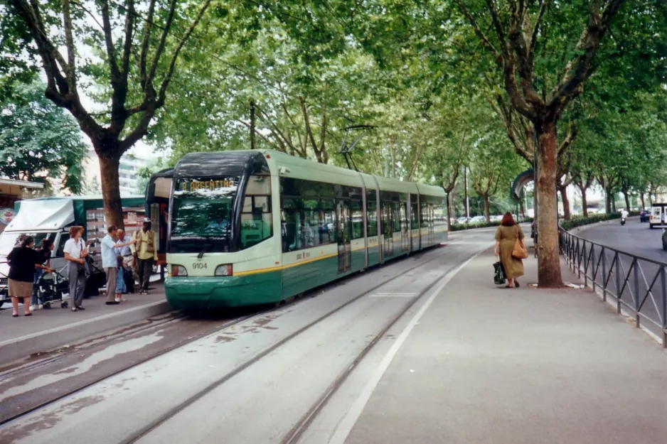 Rome tram line 8 with low-floor articulated tram 9104 at Trastevere (1999)