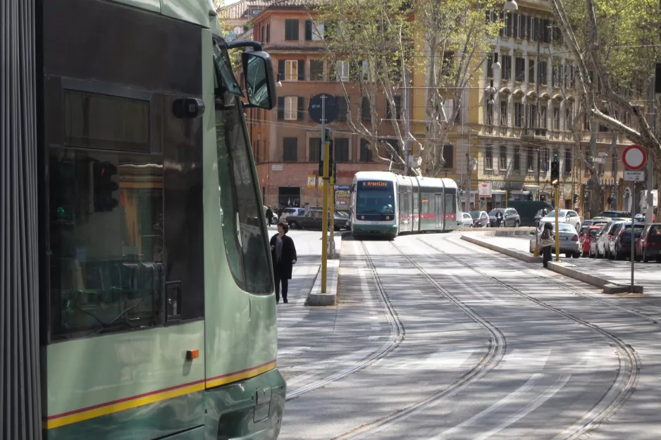 Rome tram line 8 with low-floor articulated tram 9106 on Trastevere (2010)