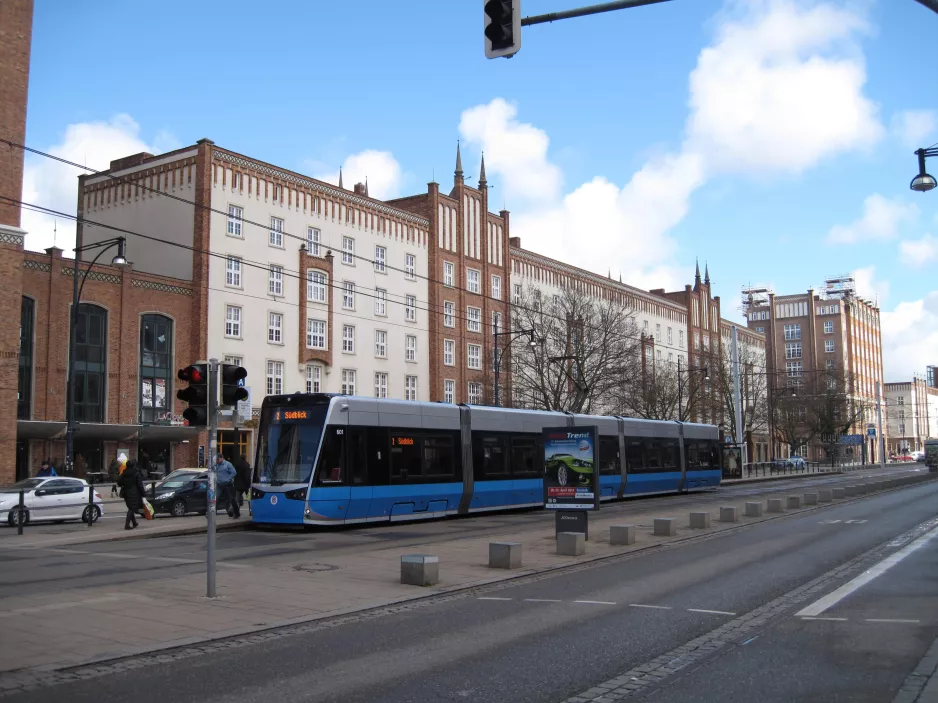 Rostock extra line 2 with low-floor articulated tram 601 at Lange Straße A (2015)