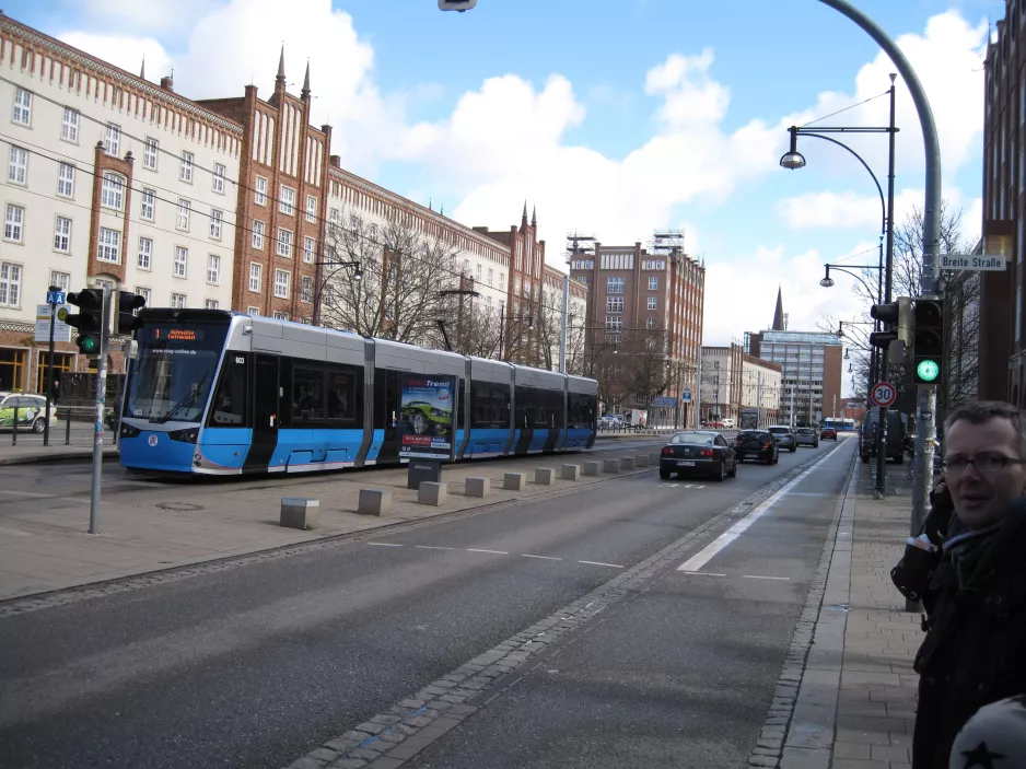 Rostock tram line 1 with low-floor articulated tram 603 on Lange Str. (2015)