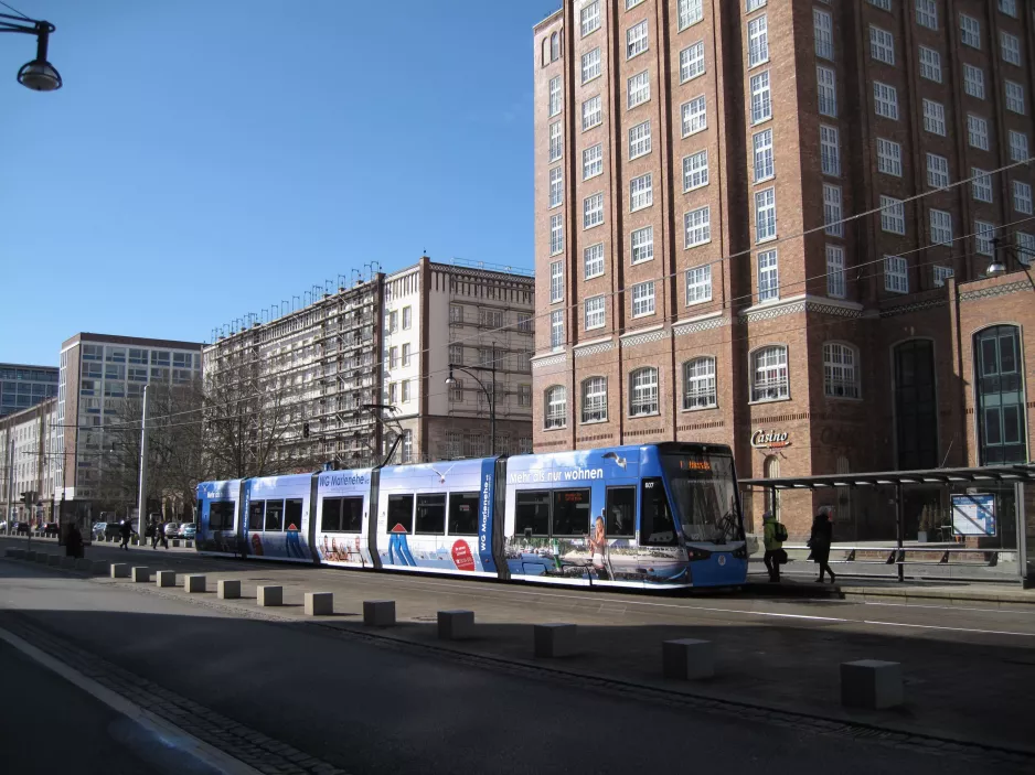 Rostock tram line 1 with low-floor articulated tram 607 at Lange Straße (2015)