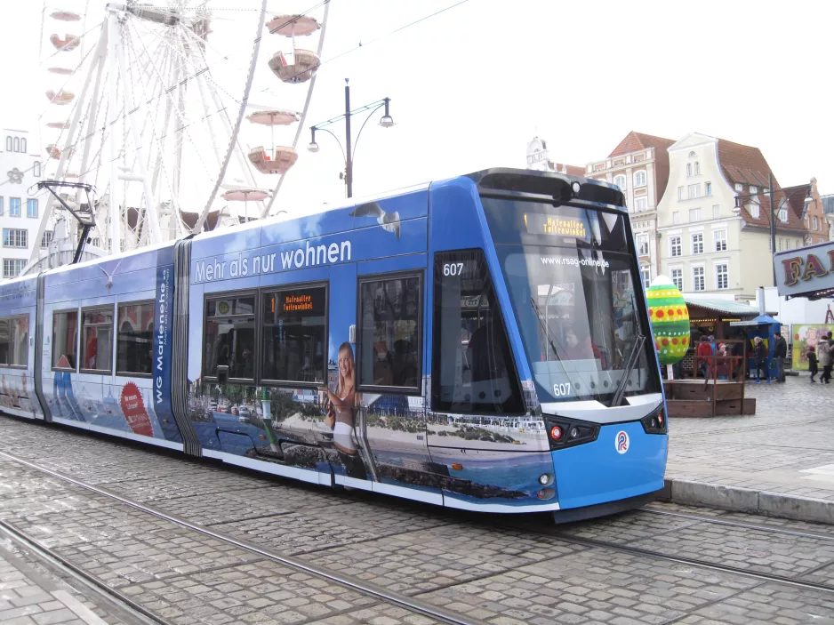 Rostock tram line 1 with low-floor articulated tram 607 at Neuer Markt (2015)