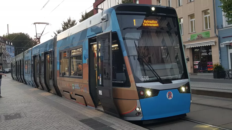 Rostock tram line 1 with low-floor articulated tram 608 on Doberaner Platz (2022)