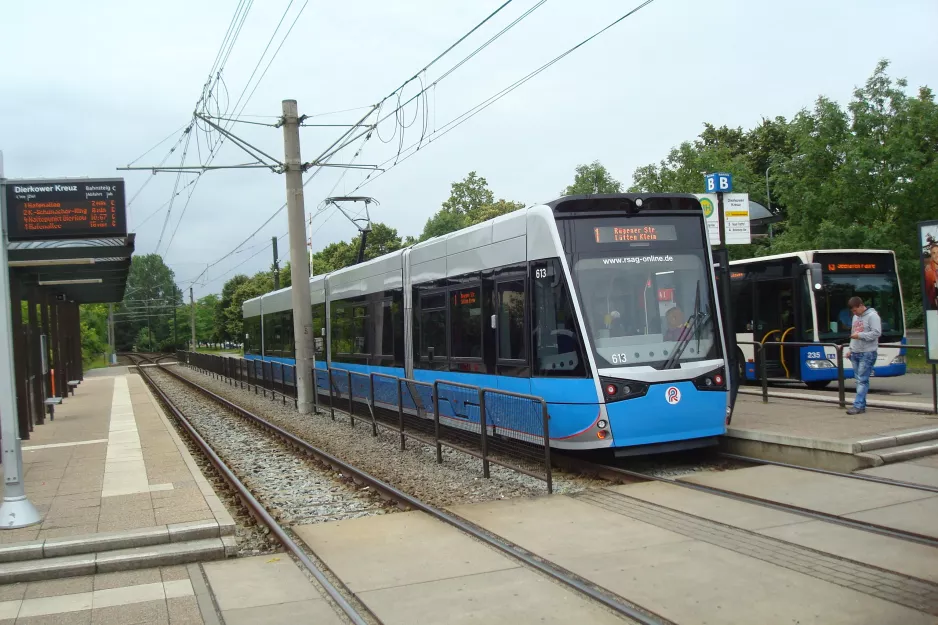 Rostock tram line 1 with low-floor articulated tram 613 at Dierkower Kreuz (2015)
