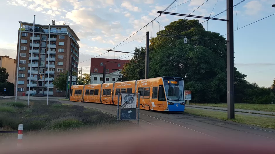 Rostock tram line 5 with low-floor articulated tram 601 on Neuer Markt (2022)