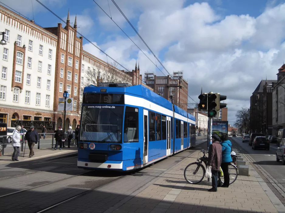 Rostock tram line 5 with low-floor articulated tram 655 at Lange Straße (2015)