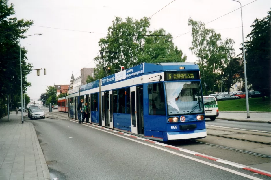 Rostock tram line 5 with low-floor articulated tram 655 at Leibnizplatz (2004)