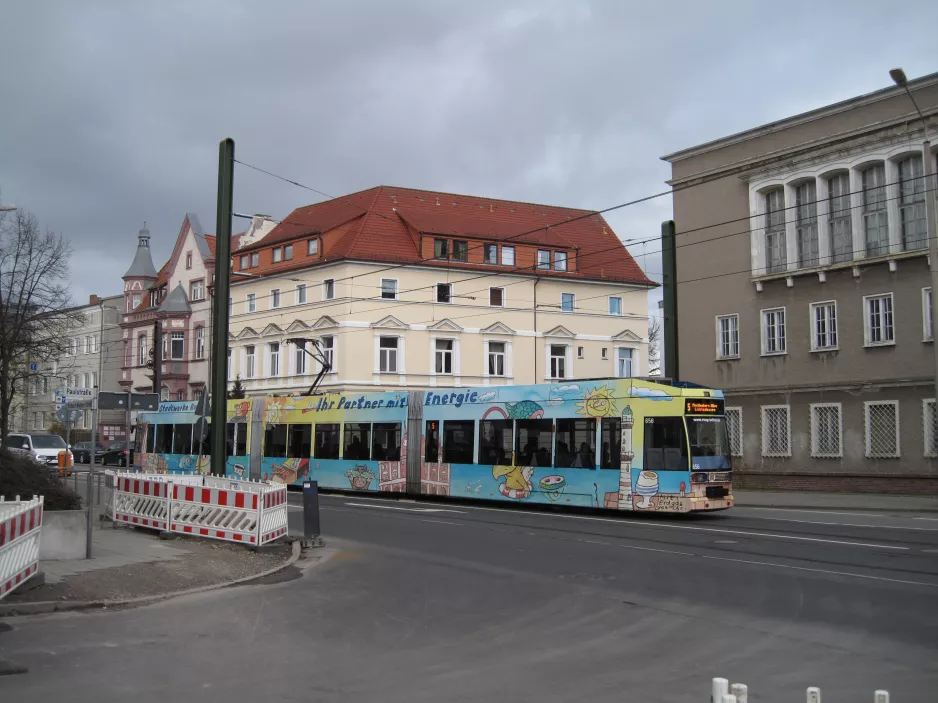 Rostock tram line 5 with low-floor articulated tram 656 in the intersection Richard-Wagner-Straße/Paulstraße (2015)