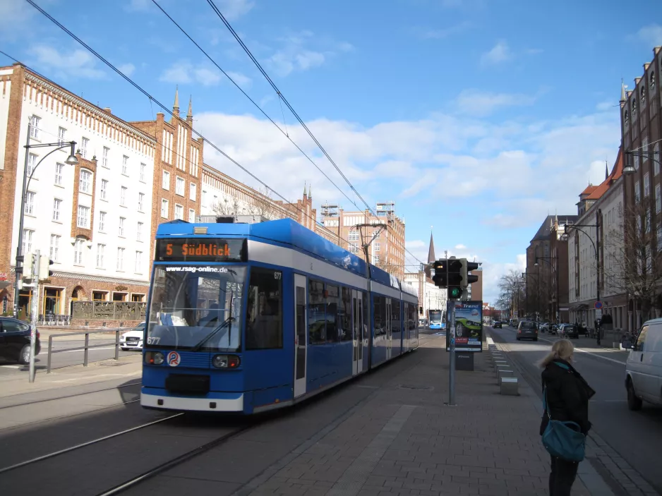 Rostock tram line 5 with low-floor articulated tram 667 at Lange Straße (2015)