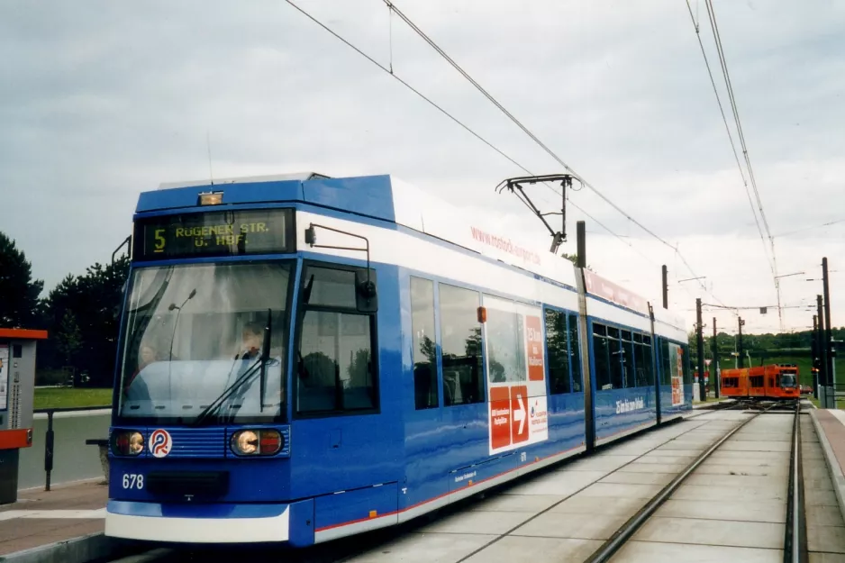 Rostock tram line 5 with low-floor articulated tram 678 at Stadthalle (Platz der Freundschaft) (2004)