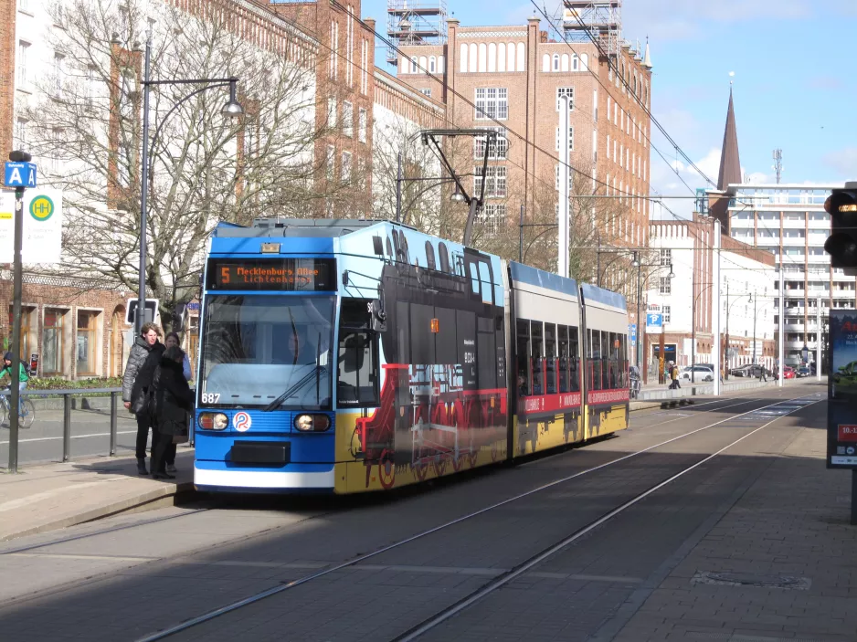 Rostock tram line 5 with low-floor articulated tram 687 at Lange Straße (2015)