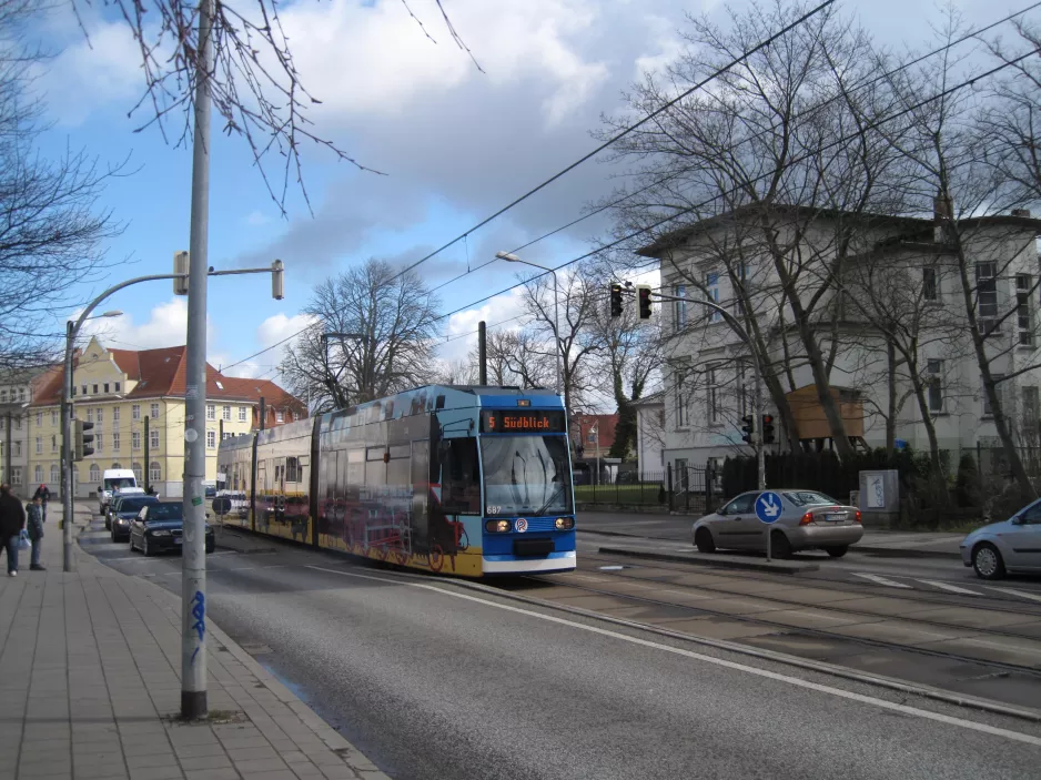 Rostock tram line 5 with low-floor articulated tram 687 on Rosa-Luxemburg-Str. (2015)